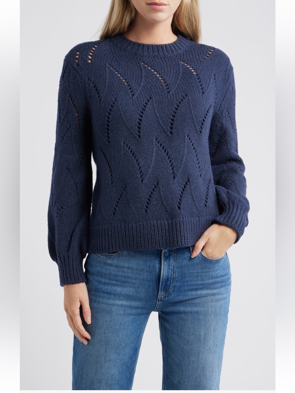 Caslon Navy Pointelle Wool Blend Crewneck Sweater • Size Medium • NWT